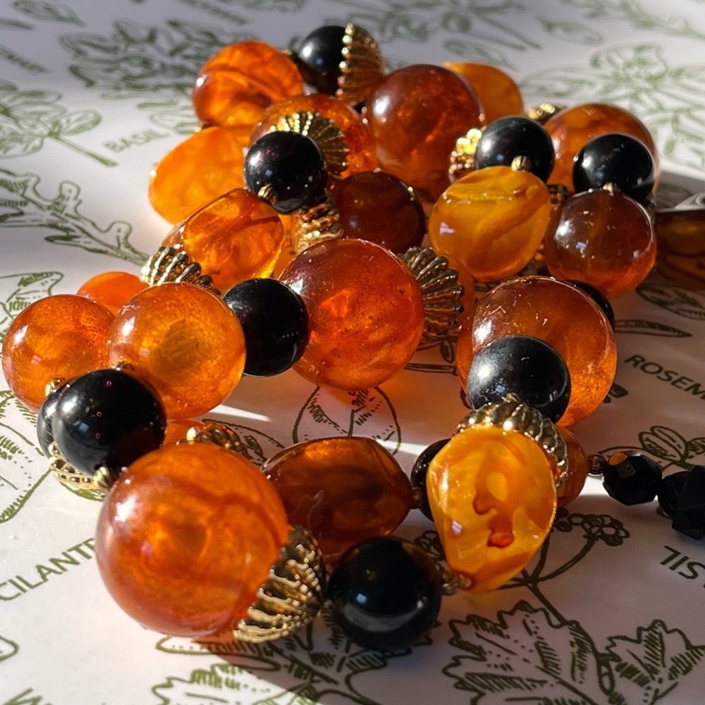 KENNETH LANE 38” Vintage Faux Amber Bead Necklace W gold tone spacers Signed
